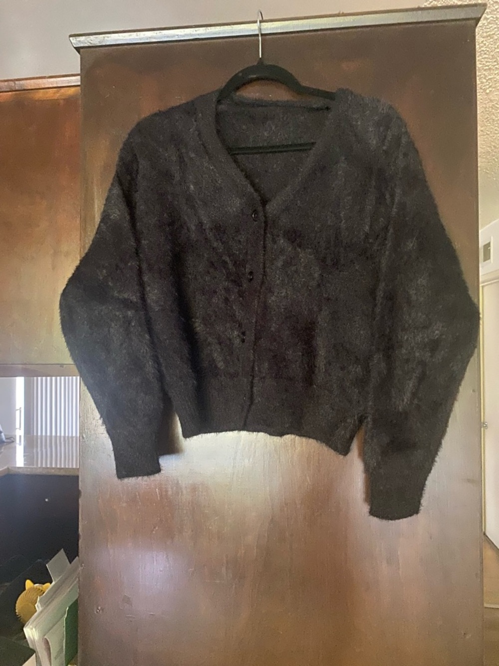 Fuzzy Black Button-Up Cropped Cardigan